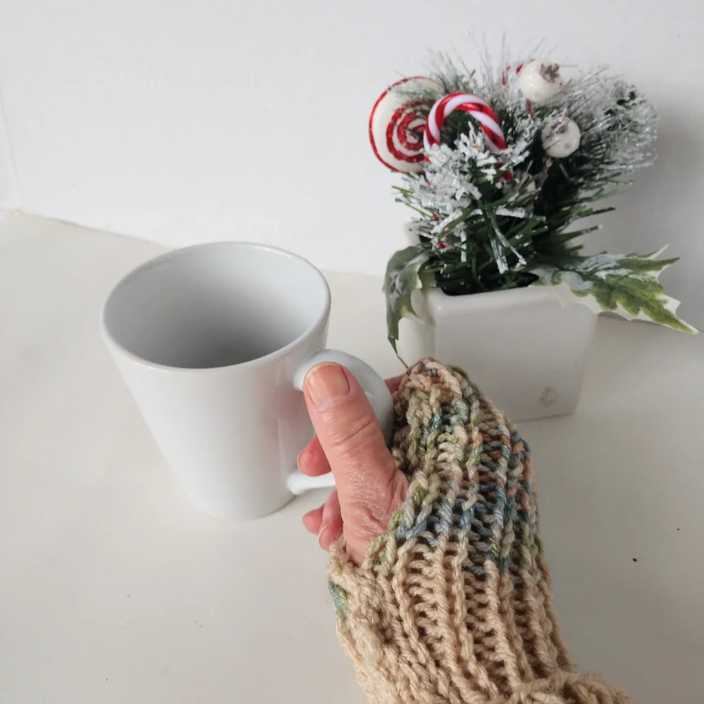 Gloves Fingerless Hand Crafted Tan Blue Green Knit Boho Winter Essential